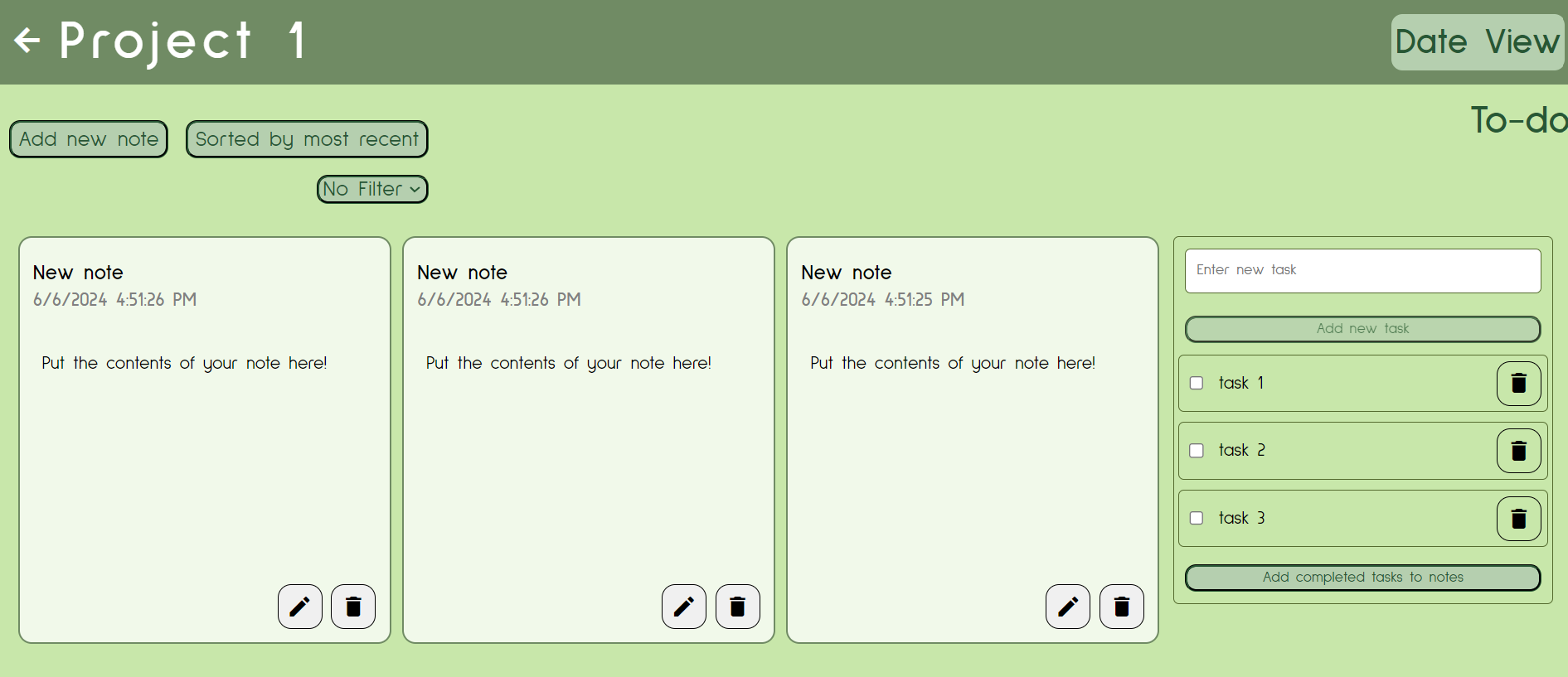 notes page within project